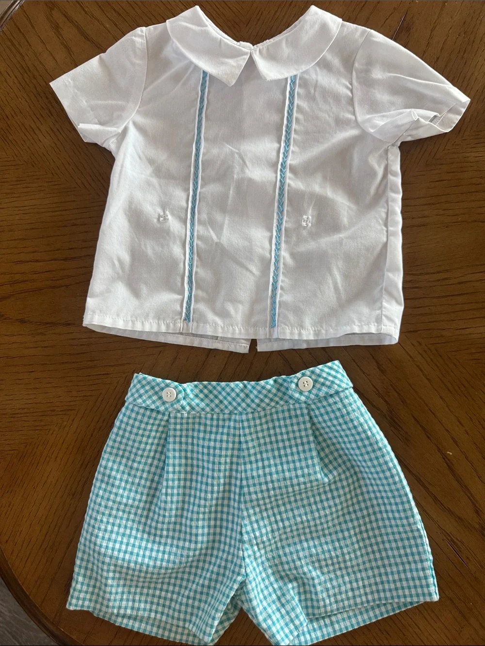 Luli & Me White Top with Light Blue Gingham Shorts Kids Matching Set